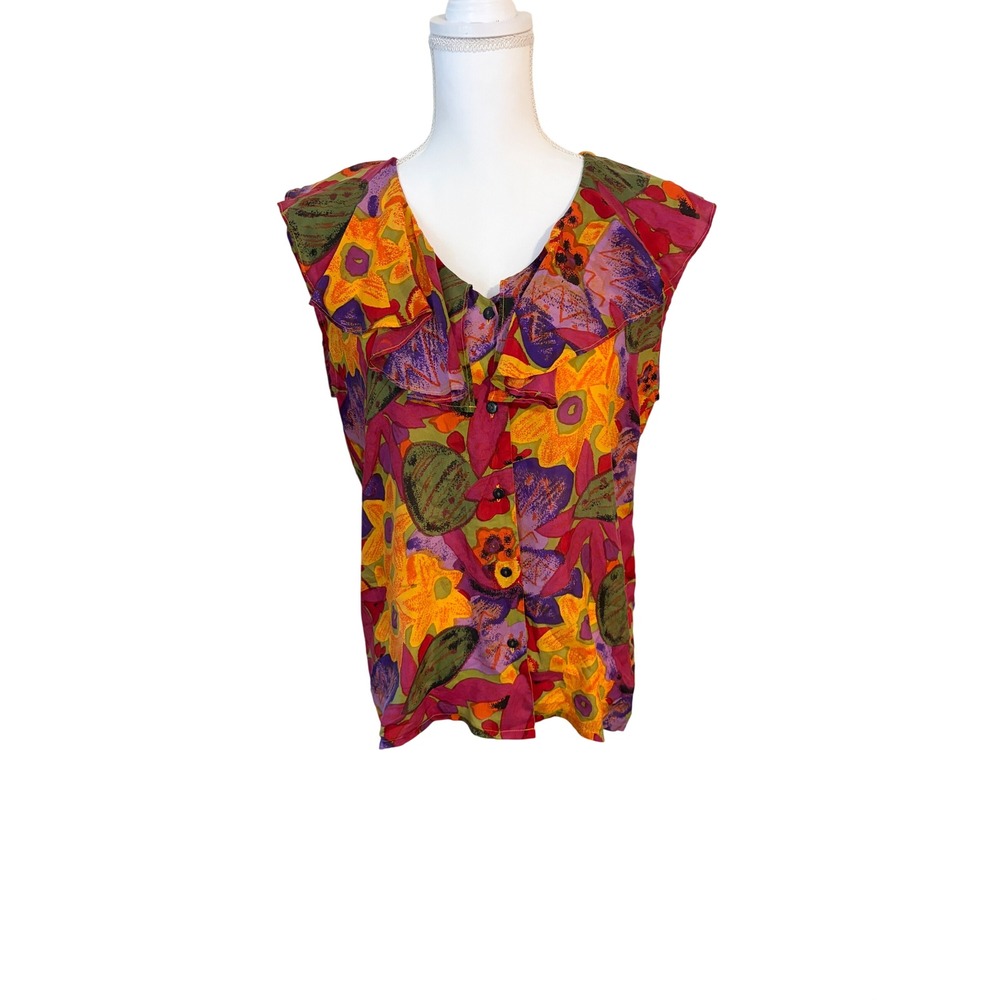 Sopite Collection 100% Silk Floral Ruffle V-Neck Button Front Blouse Womens M